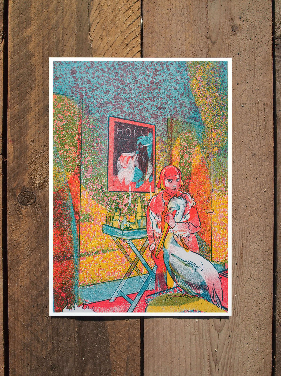 Girl and Pelican A6 Risograph Print | Georgia Green
